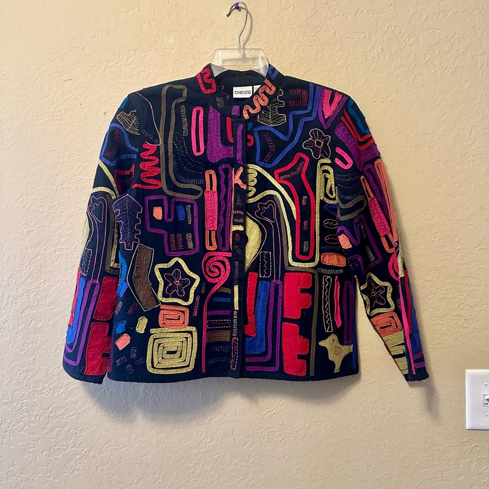 Patchwork Chico's Black Cotton Multi Embroidered … - image 1